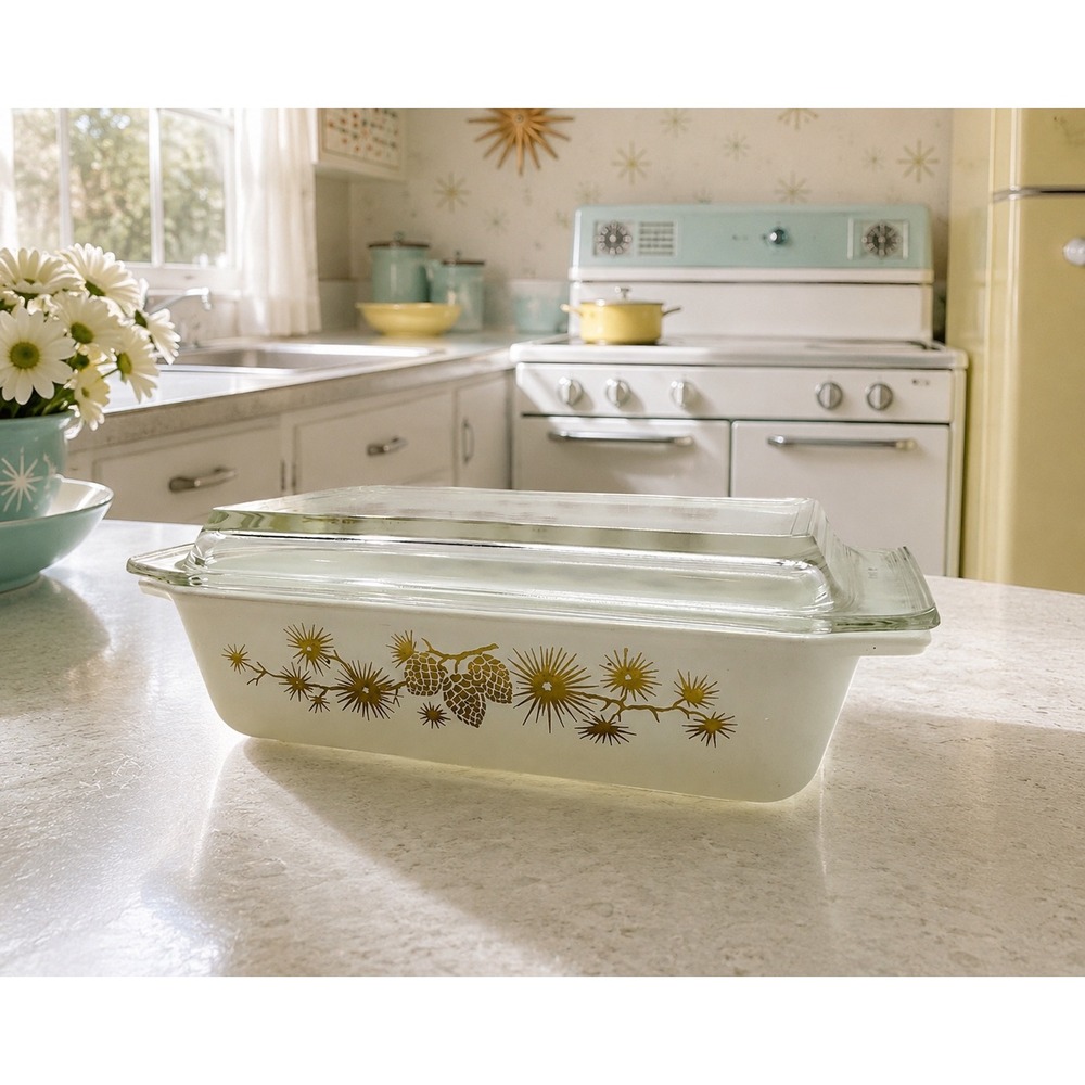 Rare 1961 Pyrex Golden Pine 575-B 2 Qt Space Saver Casserole w Lid